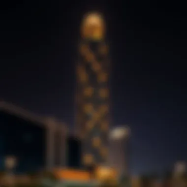 Night view of Al Raha Tower illuminated, reflecting its architectural brilliance