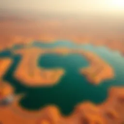 Aerial view of Al Qudra Love Lake surrounded by desert landscape