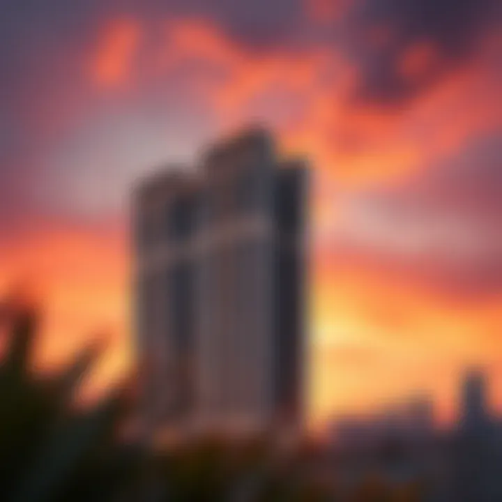 Al Ras Building at Sunset View of Al Ras Building against a sunset backdrop