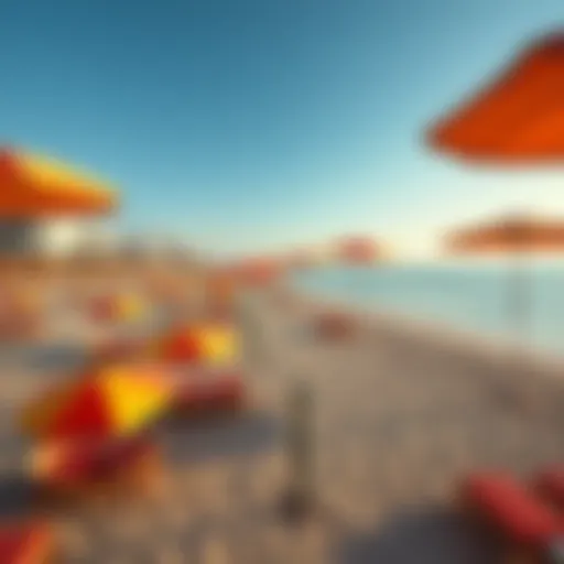 Vibrant Beach Scene at La Mer Panoramic view of La Mer Beach with vibrant beach umbrellas and crystal clear waters