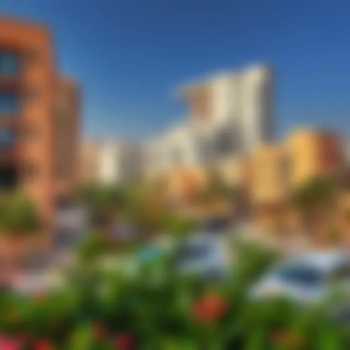 Lively Surroundings of Al Nahda 1 Vibrant neighborhood surrounding Al Sharhan Building with green spaces