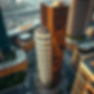 Aerial Perspective of Chic Tower Neighborhood Aerial view of a chic tower neighborhood in Dubai