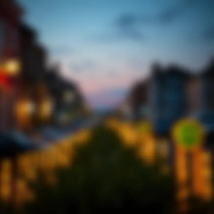 An evening scene of the Irish Village Studio City illuminated, reflecting modern urban life