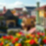 A panoramic view of the Irish Village Studio City showcasing its vibrant architecture