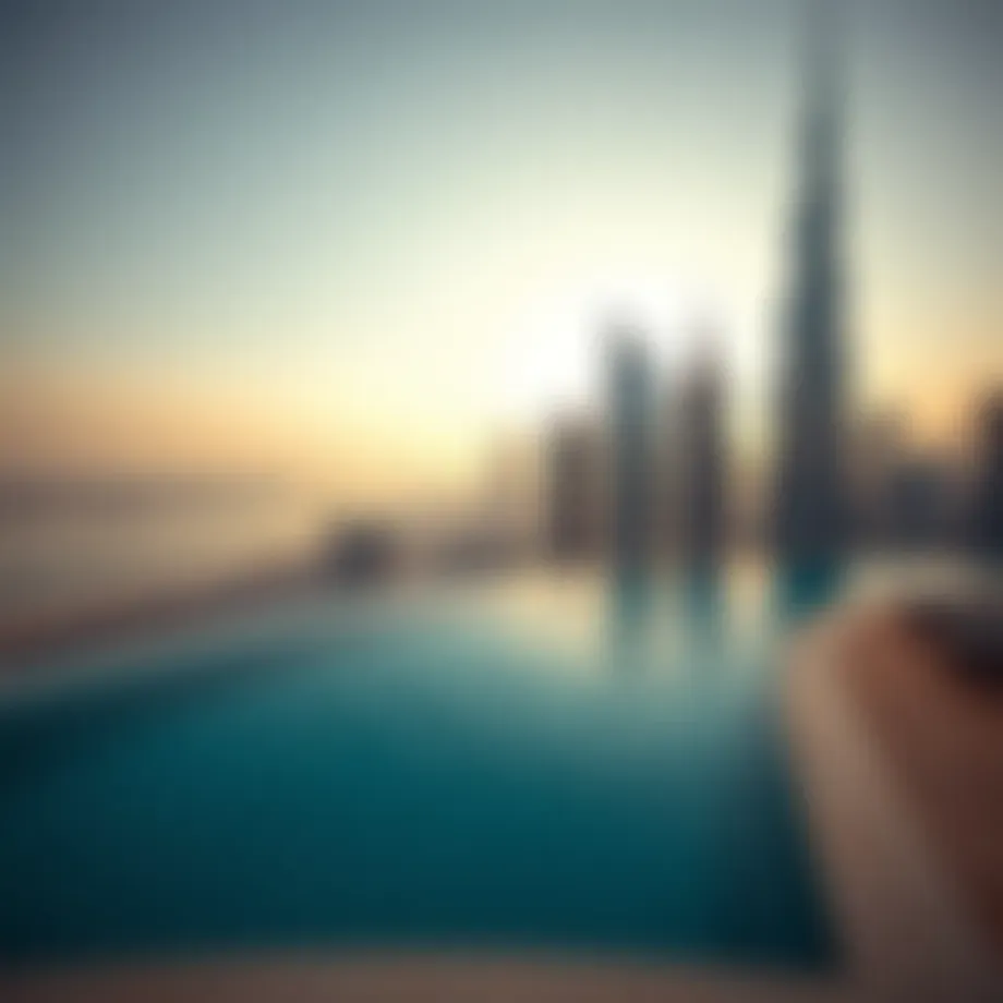 Stunning view of an infinity swimming pool against the Dubai skyline