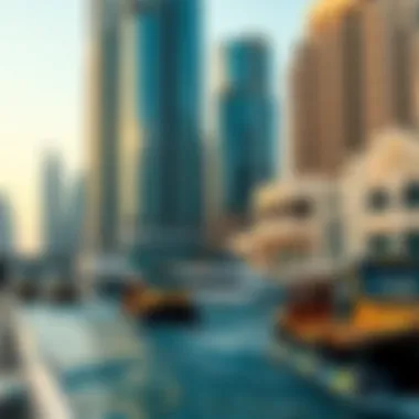 Dubai's Waterfront with Water Taxis Scenic view of Dubai's waterfront with water taxis